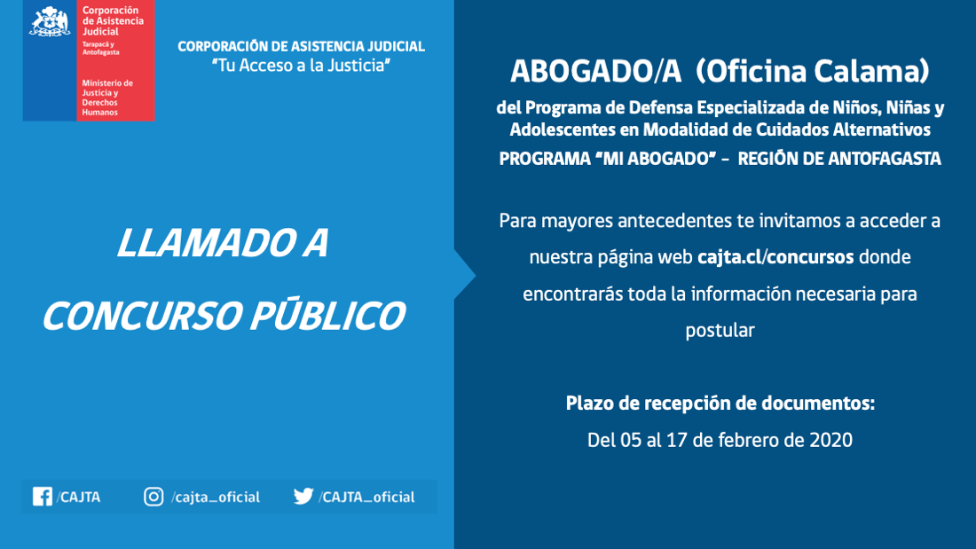 Llamado a Concurso Público, Abogado(a) Oficina Calama, Programa Mi Abogado Antofagasta