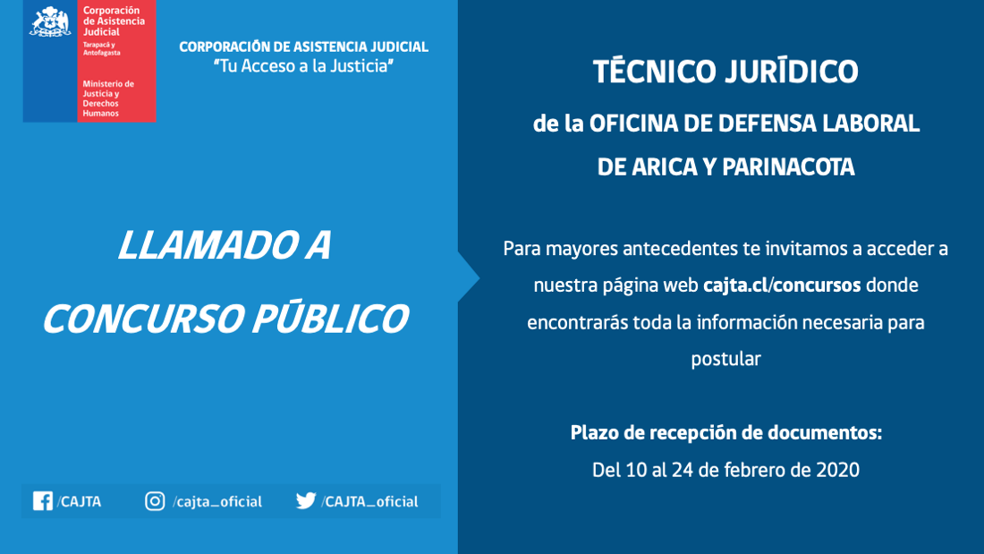 Llamado a Concurso Público, Técnico Jurídico de la Oficina de Defensa Laboral de Arica y Parinacota