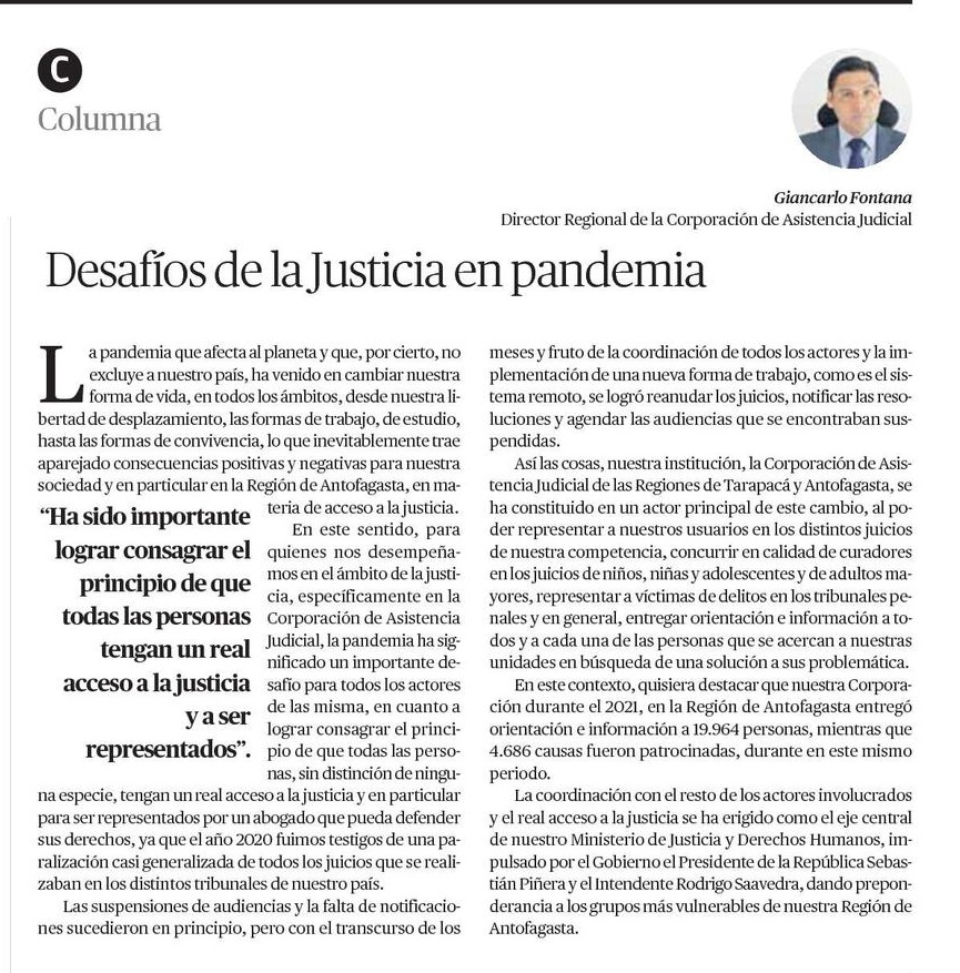 Columna en El Mercurio de Calama del Director Regional de Antofagasta