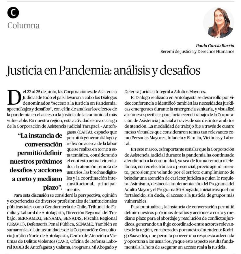 Columna de la Seremi de Justicia y Derechos Humanos de la Región de Antofagasta